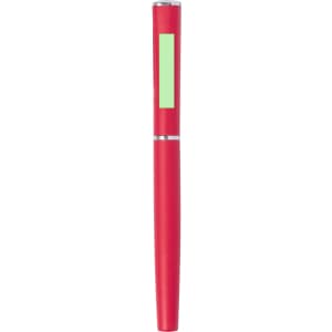 A red metal pen with a sleek design and a branding logo.