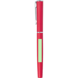 A red metal pen with a silver clip and a light green accent. The pen features a branding logo.