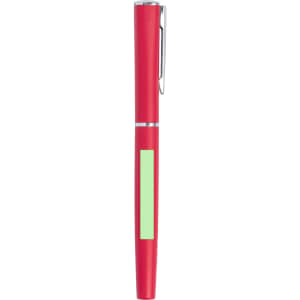 A red metal pen with a silver clip and a green accent section. It features a branding logo.