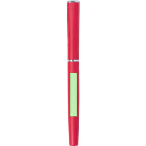 A red metal pen with a sleek design and a green section, featuring a branding logo.