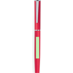 A red metal pen with a silver clip and a green section for personalisation. It features a logo.