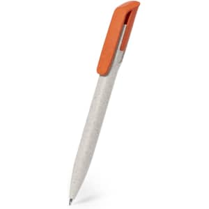 A plastic pen with a white body and an orange clip, featuring a sleek design and branding.