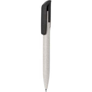 A plastic pen in a light grey colour with a black clip, featuring a simple design and branding.