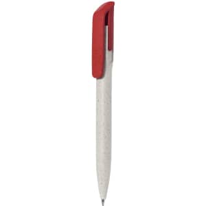 A plastic pen with a white body and red clip, featuring a logo on the side.