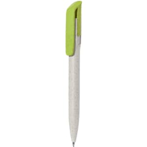 A plastic pen with a green cap and a light grey barrel, featuring a logo.
