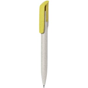 A plastic pen with a yellow clip and a light grey body, featuring a logo on the side.
