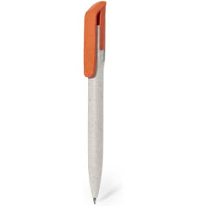 A plastic pen with an orange clip and a light grey body, featuring a logo on the side.
