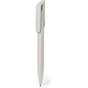 A plastic pen in a light cream colour with a sleek design and a clip, featuring a branding logo.