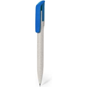 A plastic pen with a blue cap and light grey barrel, featuring a logo on the side.