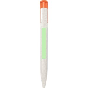 A plastic pen in white with an orange cap and a green accent. The pen features a logo.