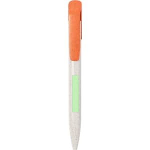 A plastic pen with a white barrel and an orange clip, featuring a green accent section. It includes a logo.