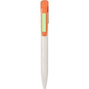 A plastic pen with a white barrel and orange clip, featuring a green section on the clip and a logo.