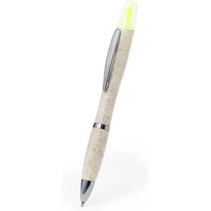 A pen with a light green tip and a beige textured body, featuring a silver clip and accents.