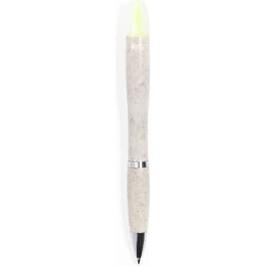 A pen with a light beige body and a bright yellow top, featuring a silver band and a logo.
