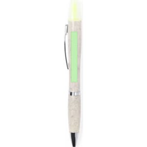 A pen featuring a light grey body, a green accent strip, and a translucent yellow cap. It has a silver clip.