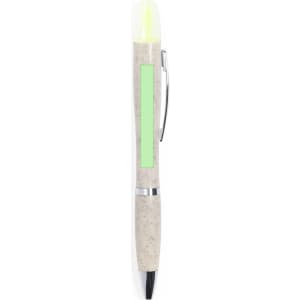 A pen featuring a light green highlighter tip and a speckled light grey barrel. It has a clip and branding on the barrel.