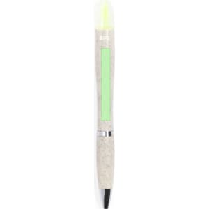 A pen with a textured light grey body and a bright green highlight, featuring a logo on its side.