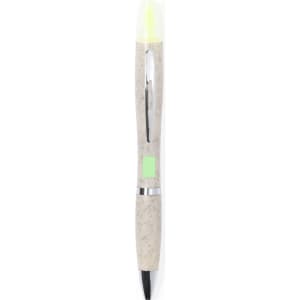A writing pen with a light green top and a speckled grey barrel, featuring a metal clip and a branding logo.