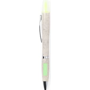 A pen with a textured white body, silver accents, and a green highlighter tip. It features a small logo.