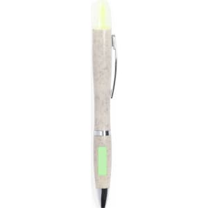 A pen with a textured grey body, black ink tip, and a bright green highlighter end. It features a clip and a logo.