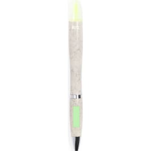 A pen with a speckled white body, a green accent, and a fluorescent yellow tip. It features a logo on the barrel.