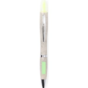 A pen with a beige body, silver accents, and a neon yellow clip. It features a green area on its side.