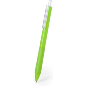 A bright green plastic pen with a clear clip and a smooth barrel design, ideal for writing.
