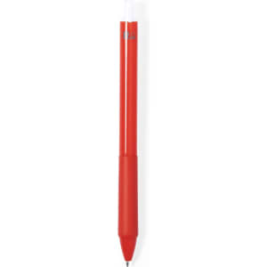 A red plastic pen with a smooth grip and a transparent cap, featuring a branding logo.