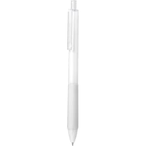 A plastic pen with a clear barrel and white grip, featuring a clip and a refillable ink cartridge.