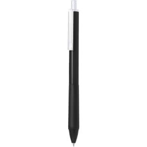 A plastic pen in black with a clear cap and grip. It features a logo on the barrel.