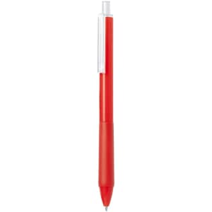 A plastic pen in bright red with a transparent cap and a clip. It features a simple design and a logo.