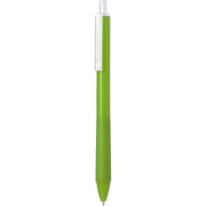 A green plastic pen with a clear cap and a smooth writing tip, featuring a logo on the barrel.