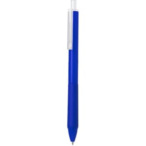 A blue plastic pen with a transparent cap and a branded section.