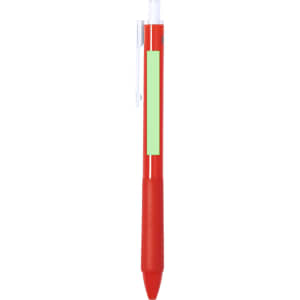 A red plastic pen with a clear end and a branding section for customisation.