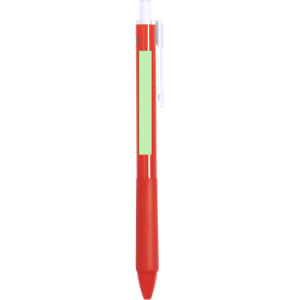 A red plastic pen with a transparent clip and a blank green section for branding or personalisation.