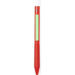 A red plastic pen with a translucent top and a logo. The pen features a green highlighting area.