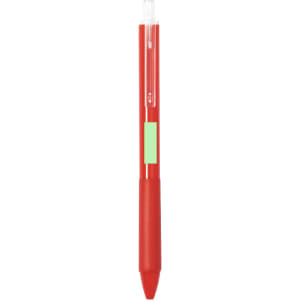 A red plastic pen with a transparent barrel and a logo. The pen features a pointed tip for writing.