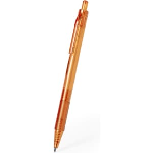 An orange plastic pen with a click mechanism and a transparent body, featuring a clip and a logo.