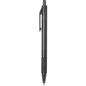 A black plastic pen with a clip and textured grip, featuring a simple design and a logo.