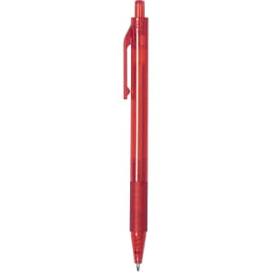 A red plastic pen with a clip and textured grip. The pen features a brand logo.