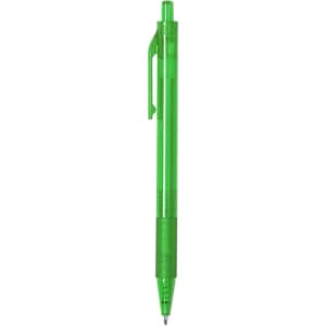 A green plastic pen with a transparent barrel and clip, featuring a black nib. The pen has a logo on it.