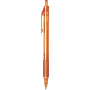 An orange plastic pen with a clear barrel and a clip, featuring a branded logo.
