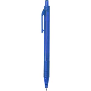 A blue plastic pen with a clip and textured grip, featuring a logo on the barrel.