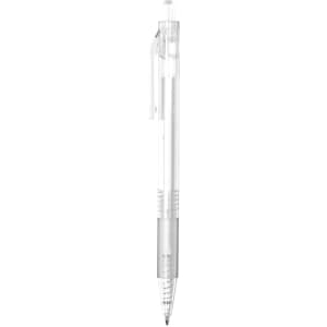 A plastic pen with a clear barrel and silver grip. The pen features a clip for attachment and has a logo.