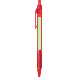 A red plastic pen featuring a clip and a logo. The pen has a smooth barrel and a retractable tip.