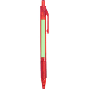 A red plastic pen with a transparent body and a clip, featuring a blank section for customisation.