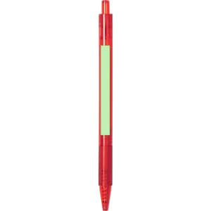 A red plastic pen featuring a blue-green section for customisation and a clip for easy attachment.