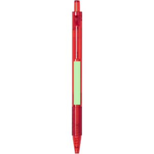 A plastic pen in bright red with a clear barrel and a logo. The pen features a green placeholder for personalisation.
