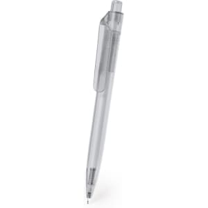 A plastic pen in a transparent design, featuring a clip and a fine tip. The pen has a sleek, modern look.