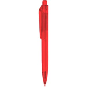 A red plastic pen with a clear barrel and a clip, featuring a simple design and an ink tip.